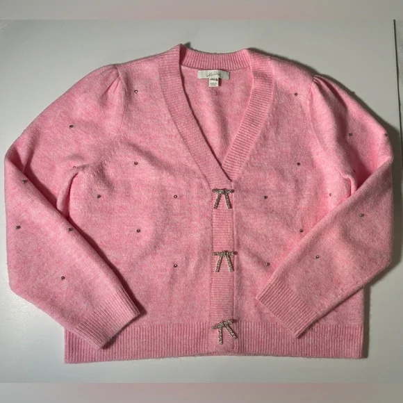 Lilly Pulitzer Ellorie Bow Sweater Pink Heathered ConchShell Paradise Rhinestone - Picture 6 of 11
